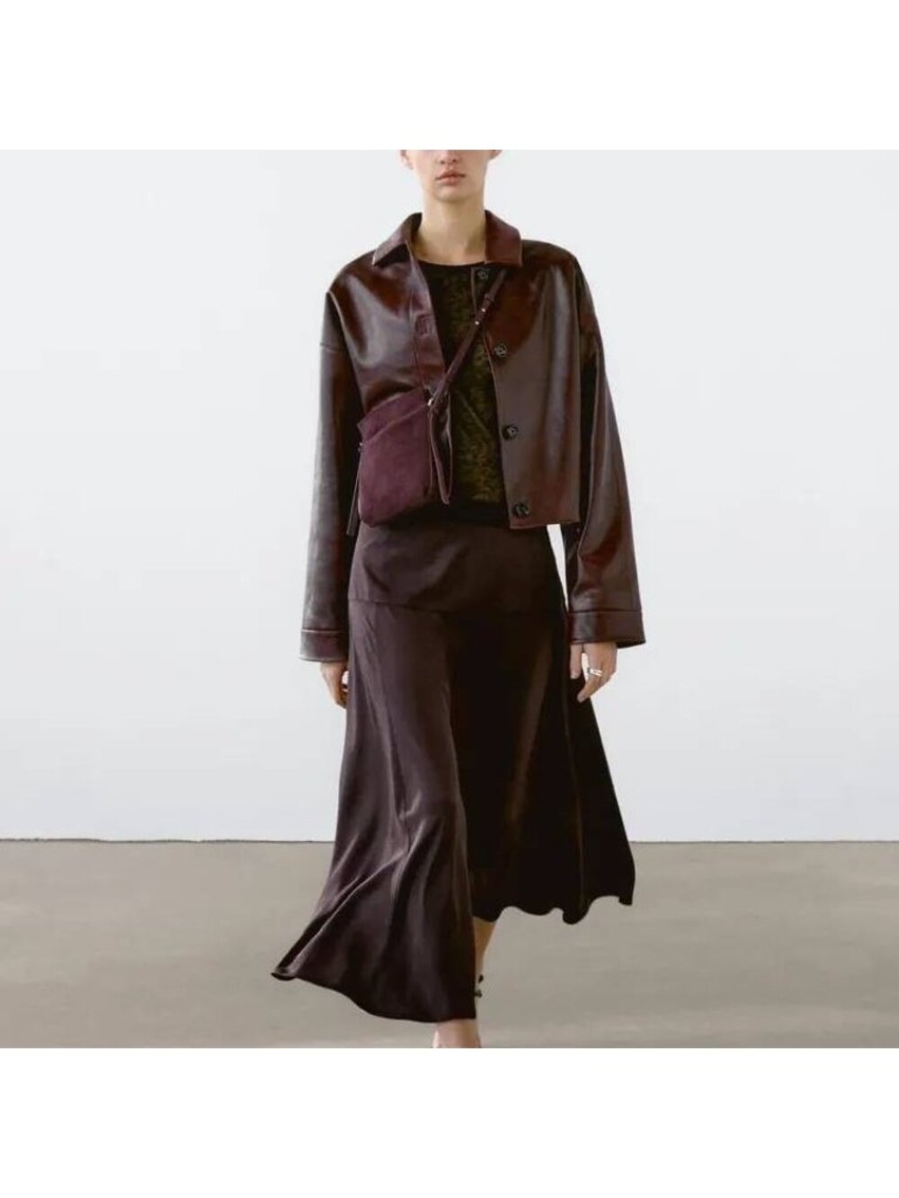 Massimo Dutti Yoke Satin Midi Skirt Maroom burgundy EU 40 US 8 5294/584 NWT